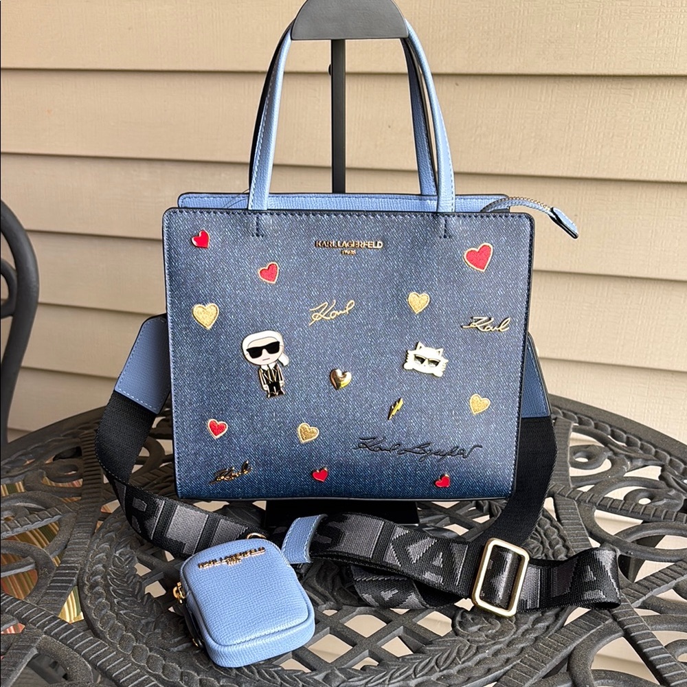 Karl Lagerfeld Paris Denim Purse/Crossbody/Handbag with Playful Embellishments